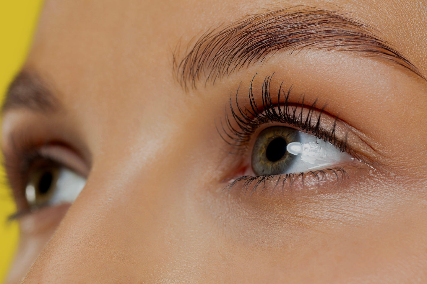 Nahaufnahme eines weiblichen Gesichts mit natürlich geschwungenen Wimpern und gepflegter Haut.