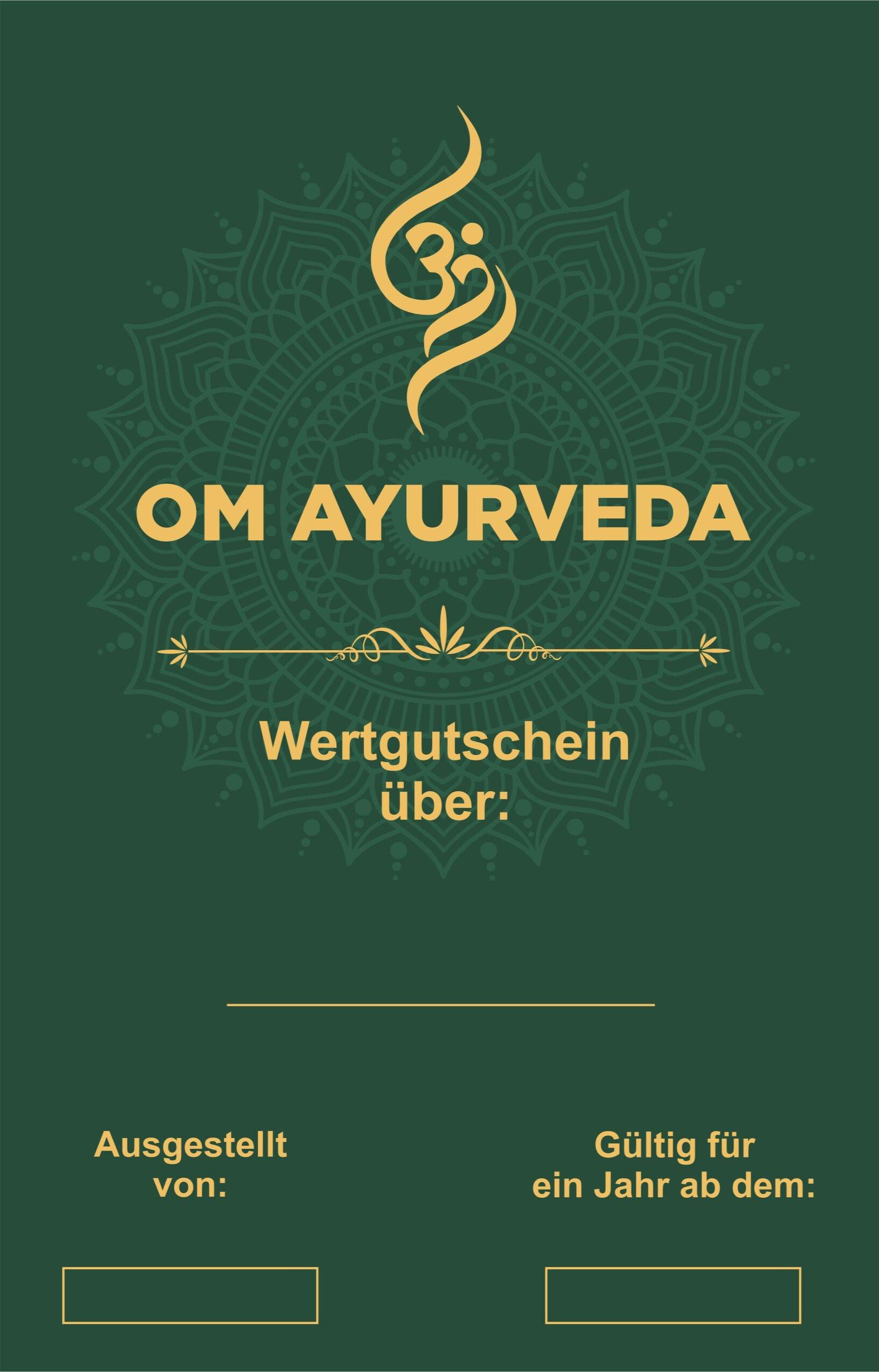 Wertgutschein von Om Ayurveda – stilvoller Geschenkgutschein für ayurvedische Behandlungen und Wellness-Anwendungen.